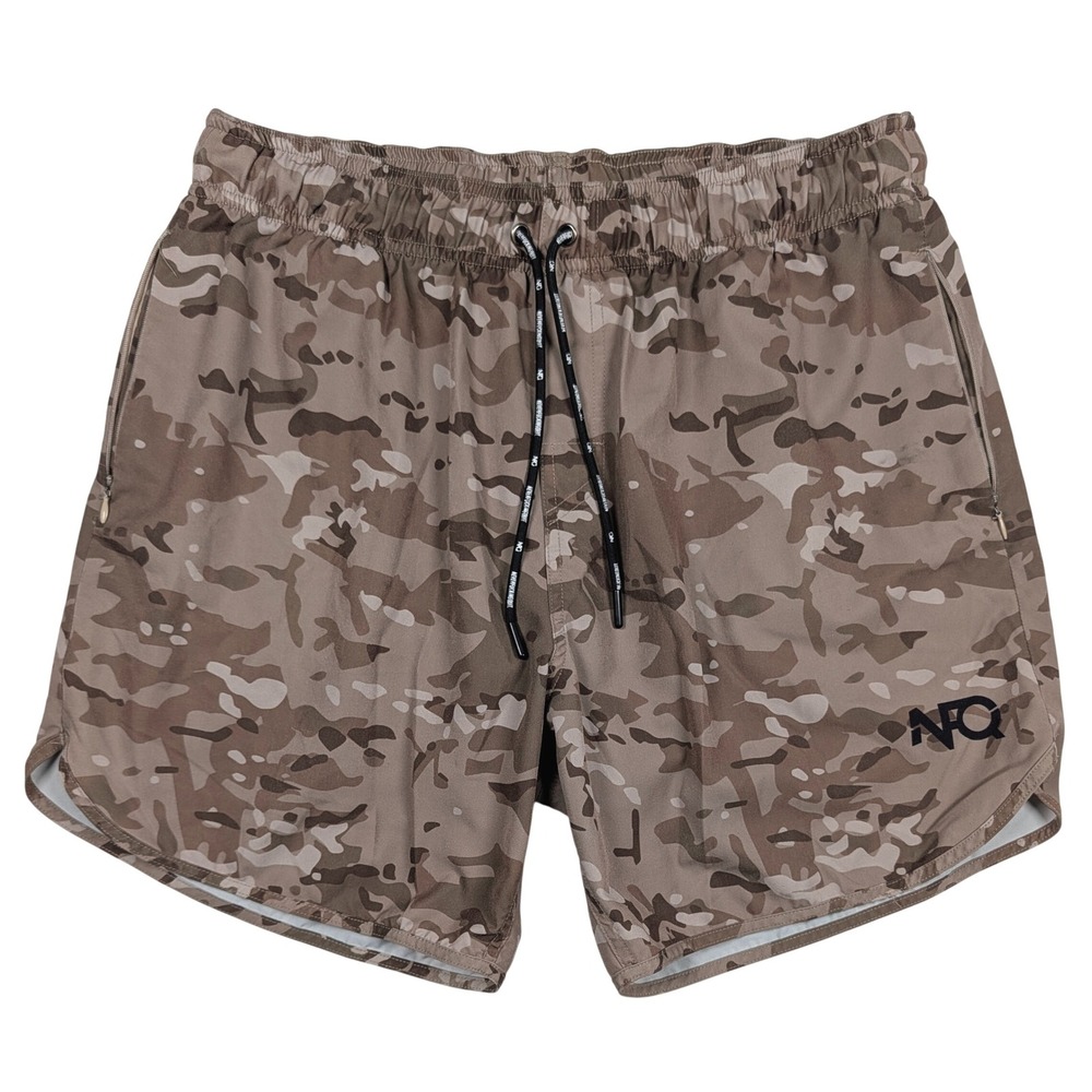 NFQ Training Athletic Shorts Mens Large Tan Camo Lined Zipper Pocket Workout Gym